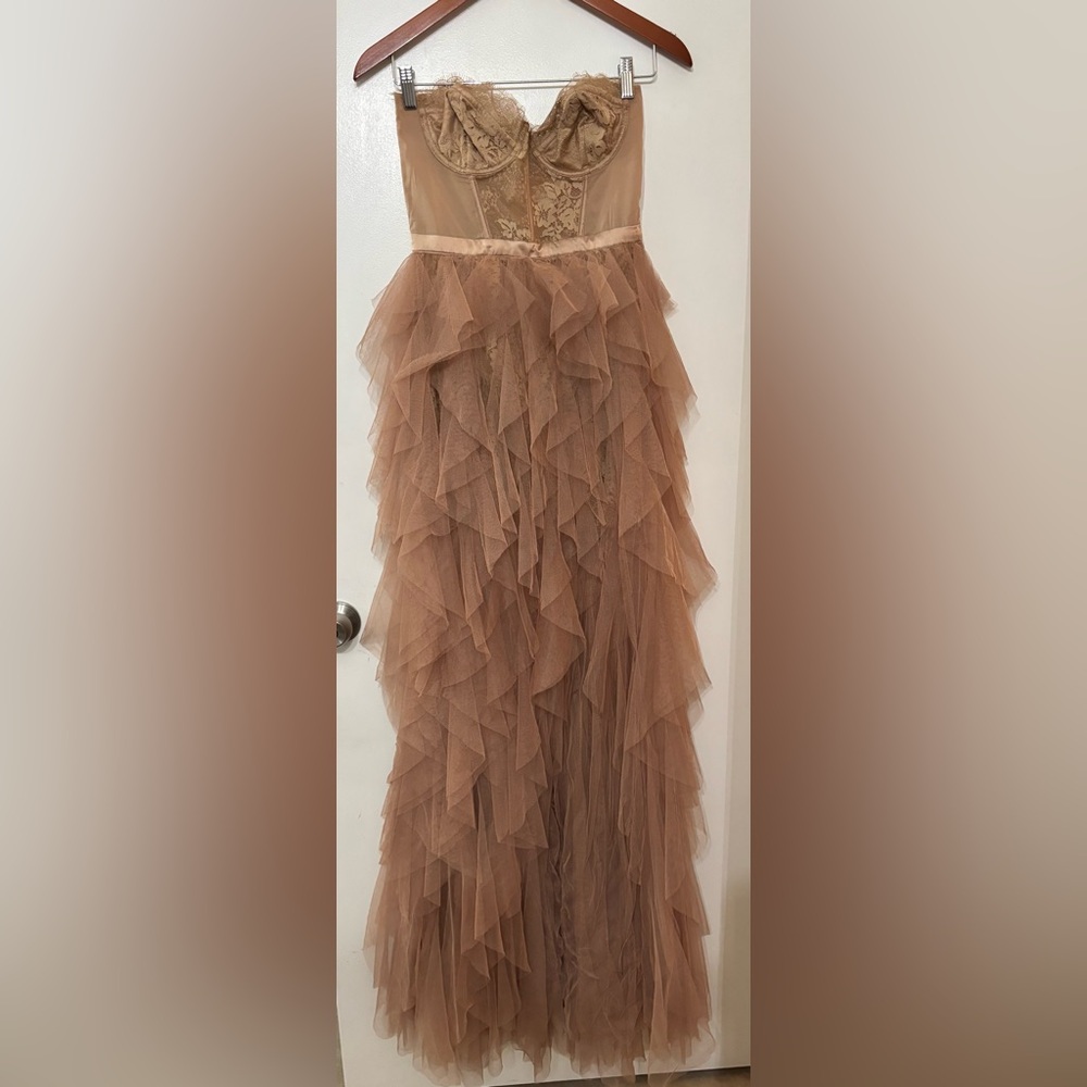 For Love & Lemons Corset Bustier Strapless Small Taupe Nude Tulle Lace Dress